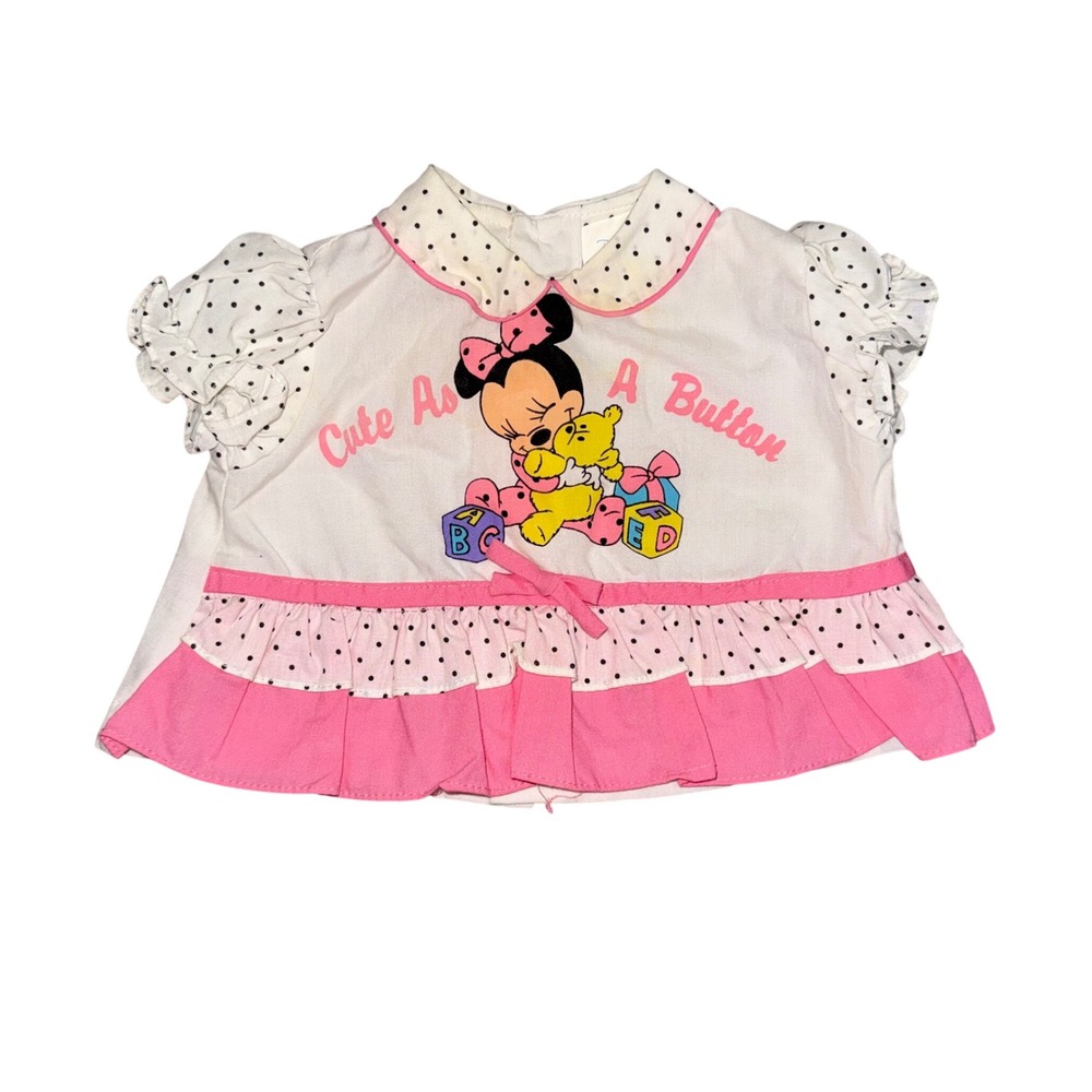 Disney Babies Top Kid 0-6M White Fair Vintage 1984 Minnie Mouse Polka Dot Ruffle